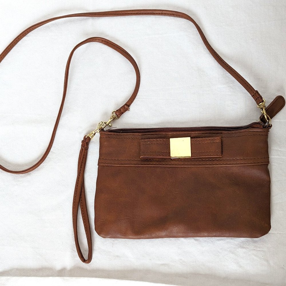 Faux Leather Brown Bow Bag W/ Shoulder and Wristlet Strap